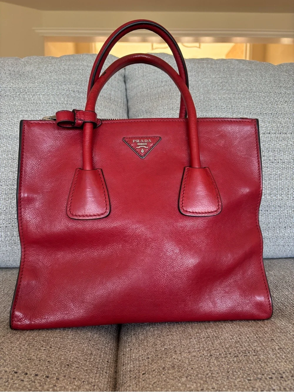 Prada Red Leather Structured Satchel with Double Handles